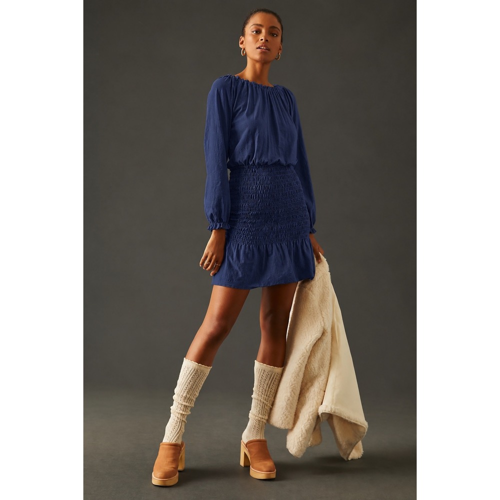 SUNDRY Anthropologie Ruffle Smock Dress Navy Long Puff Sleeve Mini Size 2 Boho